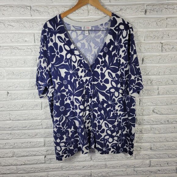 Denim Co Womens Top 3X Short Sleeve Blue White Floral Button Up FLO124E - Picture 1 of 8